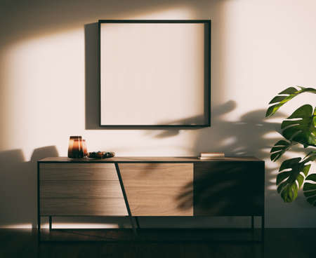 Mockup frame in simple retro interior. Strong shadows of the rising sun. 3D render. 3D illustration.の写真素材