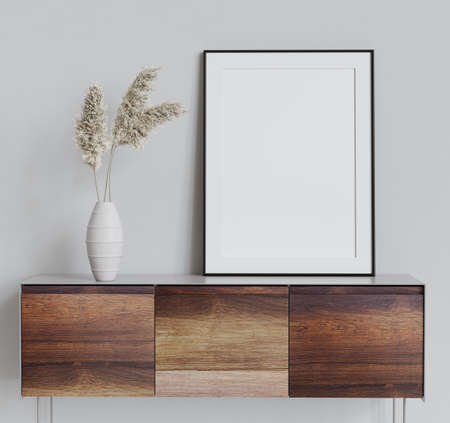 Mock up poster frame on wooden cabinet in simple home interior. 3d render. 3D illustration.