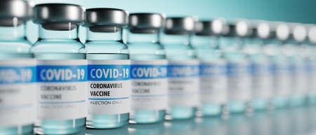 Row of Coronavirus vaccine flasks. Shallow depth of field. 3D render. 3D illustration.の写真素材
