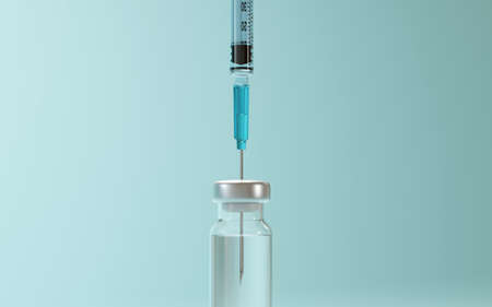 Closeup of vaccine flask and syringe. Shallow depth of field. 3D render. 3D illustration.の写真素材