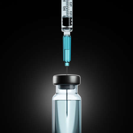 Closeup of vaccine bottle and syringe on black background. 3D render. 3D illustration.の写真素材