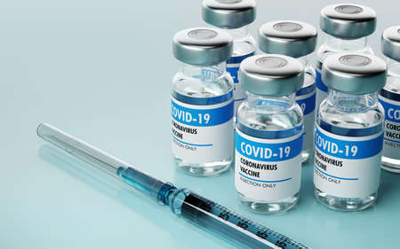 Closeup of vaccine bottles and syringe. 3D render. 3D illustration.の写真素材