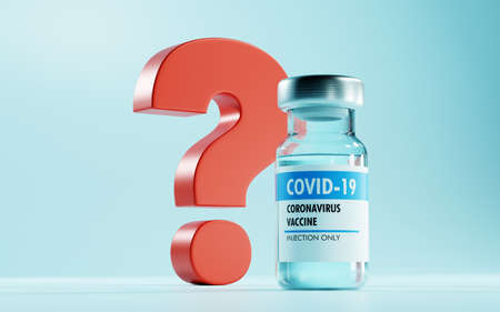 Covid-19 vaccine bottle and red question mark. 3D render. 3D illustration.の写真素材