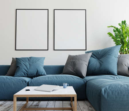 Two mockup poster frames in modern interior background. 3D render. 3D illustration.の写真素材