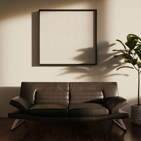 Mockup frame in simple retro interior. Strong shadows of the rising sun. 3D render. 3D illustration.の写真素材