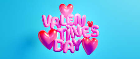 Pink Happy Valentine's Day text typography with hearts against blue background. 3D render. 3D illustration.の写真素材