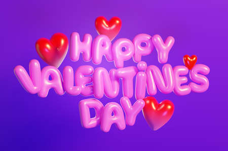 Pink Happy Valentine's Day text typography with hearts against blue background. 3D render. 3D illustration.の写真素材