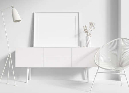 White room with picture mock-up, chair and lamp. 3D render. 3D image.の写真素材