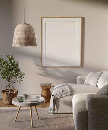 Living room interior with big mock up picture on the wall. 3D render. 3D image.