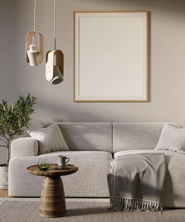 Living room interior with big mock up picture on the wall. Sofa, round coffee table and olive tree, warm, pastel colors. 3D render. 3D image.の写真素材