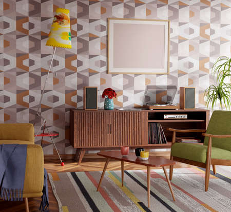 Retro style living room with hi-fi audio turntable. Colorful patterns and furniture. 3D render. 3D illustration.の写真素材