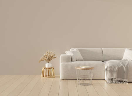 Bright minimalist beige room with sofa, plant and table and big empty wall mock up. 3D render. 3D illustration.の写真素材