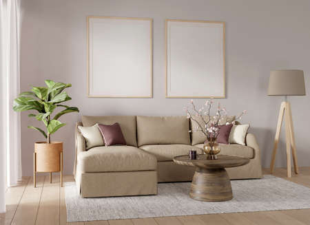 Living room interior with brown sofa, coffee table, floor lamp and plant. Two picture mock up on warm, sepia wall. 3D render. 3D illustration.の写真素材