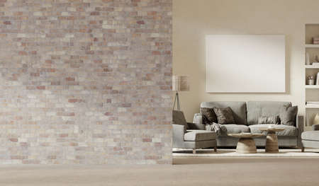 Blank brick wall with a living room in the background. 3D render. 3D illustration.の写真素材