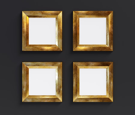 Four golden rectangle frames isolated on black background. 3D render. 3D illustration.