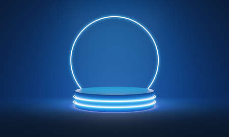 Blue podium with neon lights. Product display 3D render. 3D illustration.の写真素材