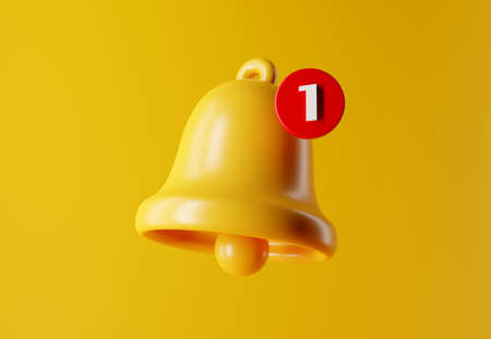 Yellow notification message bell on yellow background. 3D render. 3D image.の写真素材