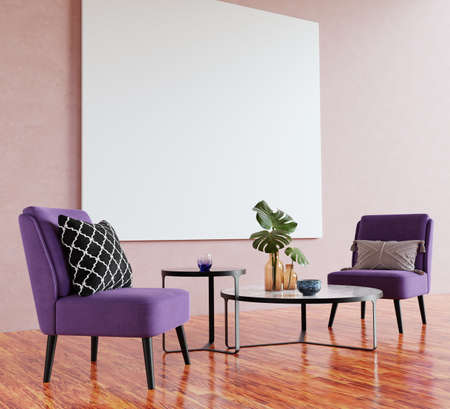 Modern living room interior with two chairs, two coffee tables and big canvas picture mock up.の写真素材