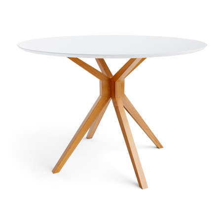 Round wooden table with a white counter. Dining table isolated on white background.の写真素材