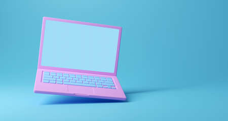 Pink laptop on blue background. Two clipping paths included. 3D render. 3D illlustration.の写真素材
