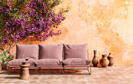 Sunny Mediterranean-style terrace with sofa, small wine table and beautiful bougainvillea. 3D render. 3D illustration.の写真素材