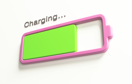 Battery charging. Progress bar icon. Battery level. 3D render. 3D illustration.の写真素材