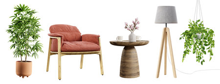 Various elements for use in interior design, isolated on white background. 3D rendering.の写真素材