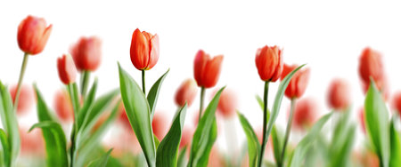 Group of red beautiful tulips isolated on white background. Shallow depth of field. 3D rendering.の写真素材