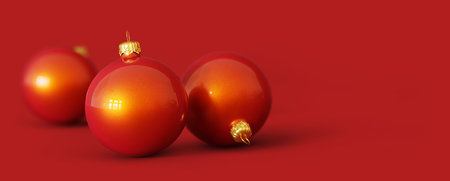 Three red Christmas baubles isolated on red background. Christmas decoration. 3D rendering. 3D illustrations.の写真素材