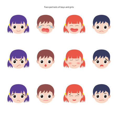Set of different facial expressions of a little girl. Vector illustration.のイラスト素材