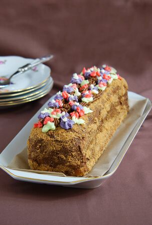 roll cake with butter cream russian cake Skazkaの写真素材