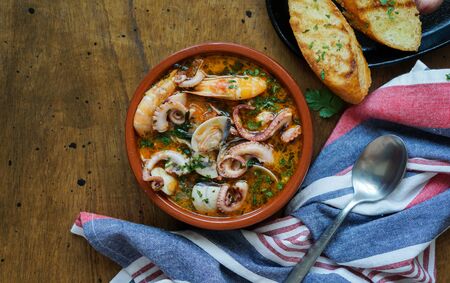 Spanish seafood stew, traditional northern meal, Caldereta or Zarzuelaの写真素材