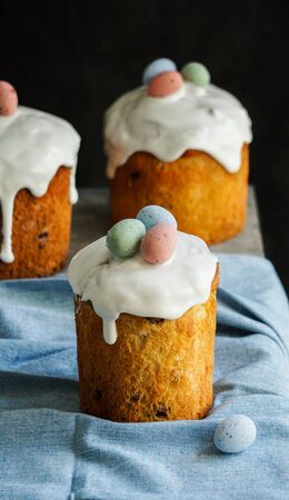 Easter traditional orthodox sweet bread, kulich. Easter holidays breakfast. eggsの写真素材