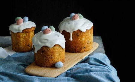 Easter traditional orthodox sweet bread, kulich. Easter holidays breakfast. eggsの写真素材