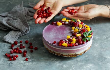 Vegan raw cheesecake with blueberry, cherry, matcha tea, orange,  cashew cream, coconut butter and coconut milk, and base made of almonds, dates  and  dried apricots, oat flakes, lyophilisated berryの写真素材