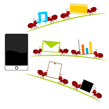 All in one smartphone and red ants in multimedia and work concept illustrationのイラスト素材