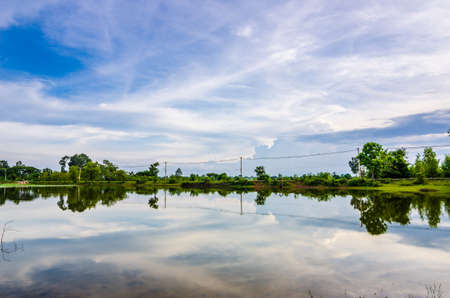 Pond and clouds in spring nature landscape in Thailandの写真素材