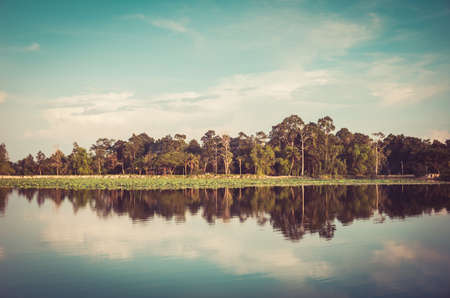 Pond and water reflection in spring nature in Thailand vintageの写真素材