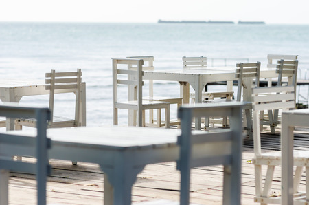 Wood dock White chair and table in Koh Samet Thailandの写真素材