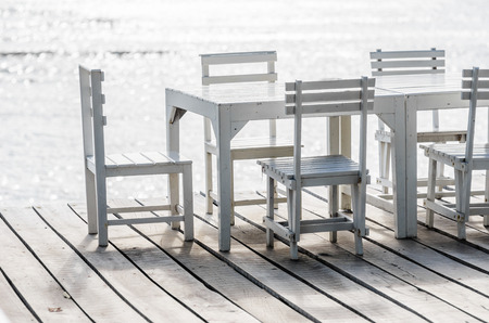 Wood dock White chair and table in Koh Samet Thailandの写真素材