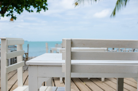 Wood dock White chair and table in Koh Samet Thailandの写真素材