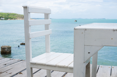 Wood dock White chair and table in Koh Samet Thailandの写真素材