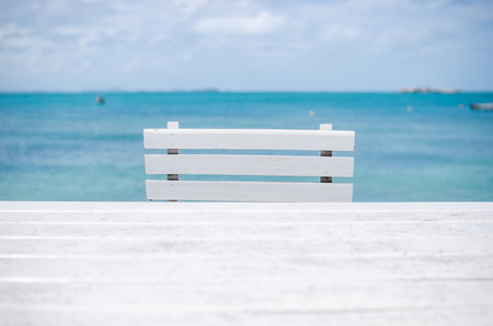 Wood dock White chair and table in Koh Samet Thailandの写真素材