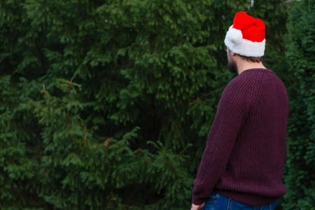 Back view unhappy man felling depresse in a cozy sweater in santa claus hat of Christmas treesの写真素材