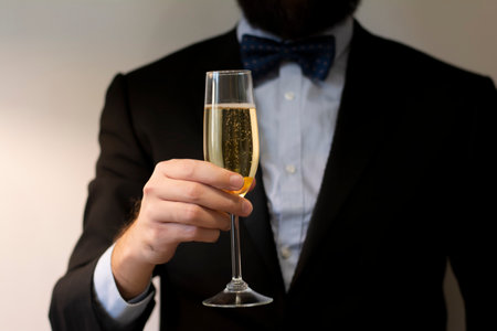 Corporate event standing young man with wineglass of champagneの写真素材