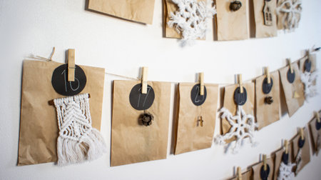 Original handmade advent calendar craft packages with gifts for 25 daysの写真素材