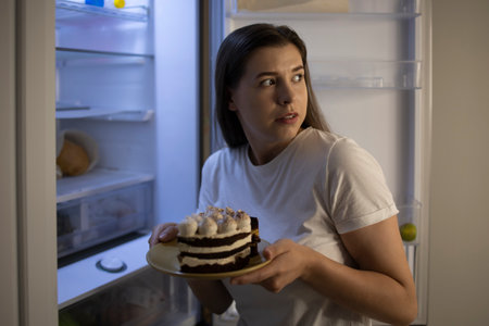 Woman eats night stole the refrigeratorの写真素材