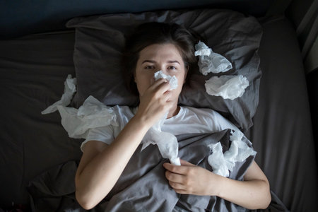 Sick woman lying in bedの写真素材