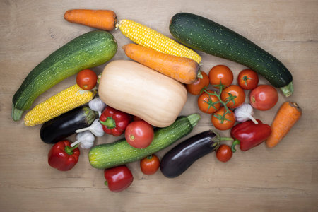Vegetables on wood. Bio Healthy food, herbs and spicesの写真素材