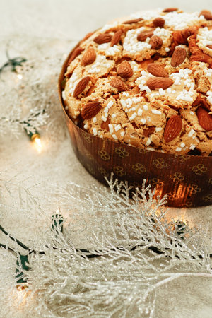 Closeup of Panettone glassato alle mandorle (Italian traditional almond panettone ). Selective focus.の写真素材